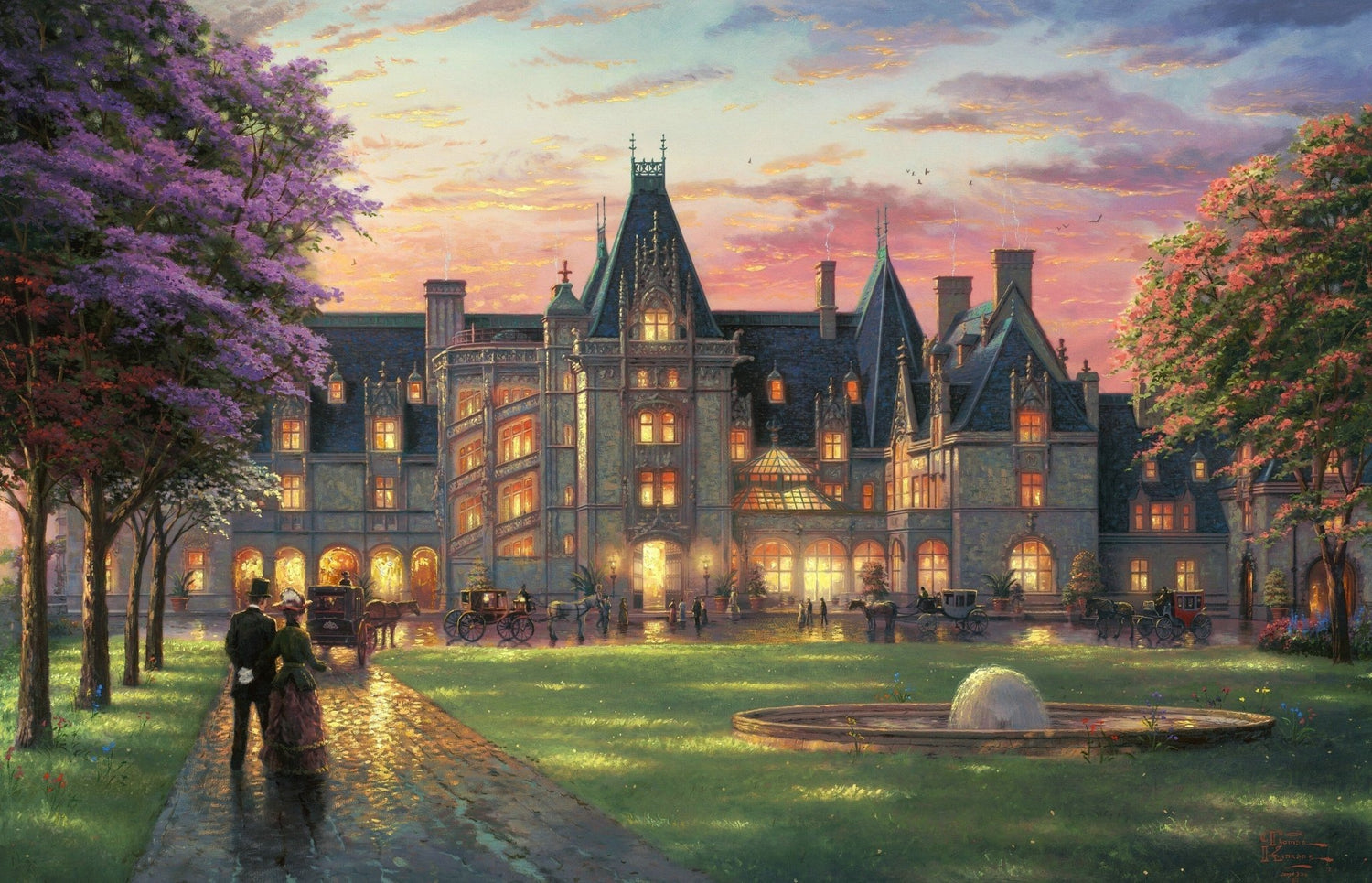 Landscape Oil Painting - Sunset Gothic Manor With Carriages - Oil Painting Haven