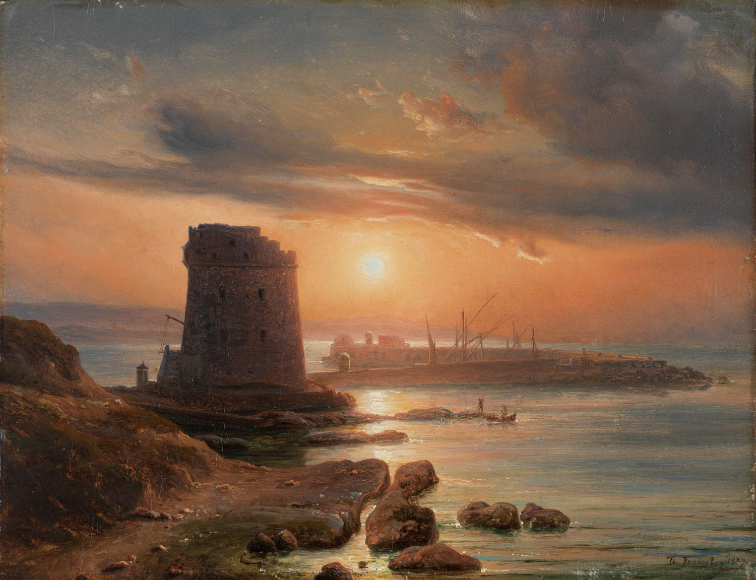 Hand-painted sunset harbor with coastal watchtower landscape oil painting on canvas