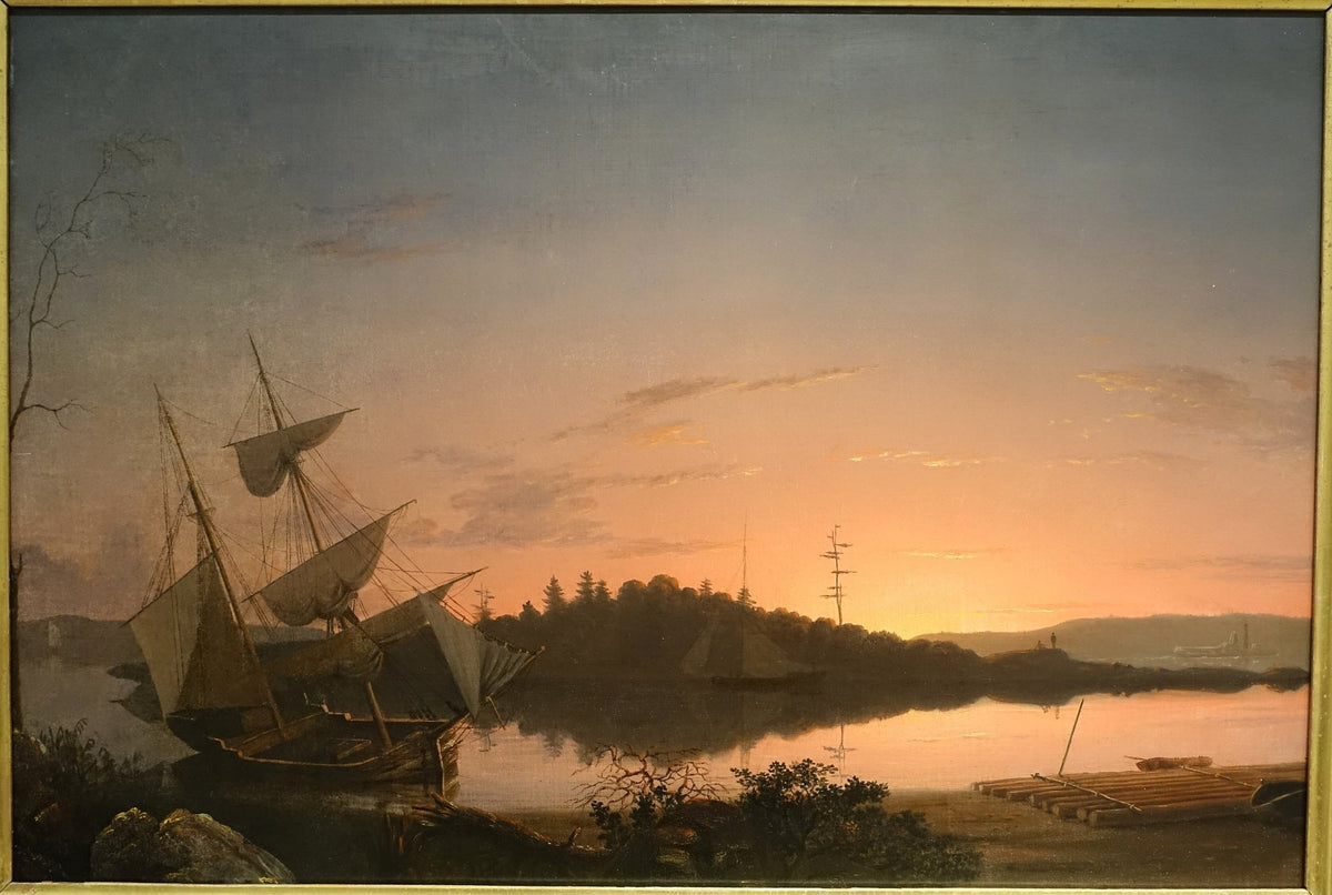 Hand-painted sunset harbor with sailboats and rafts landscape oil painting on canvas