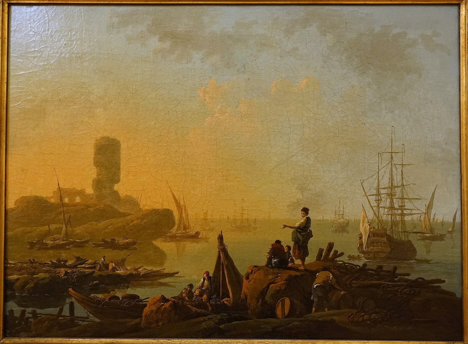 Hand-painted sunset harbor with sailing ships landscape oil painting on canvas