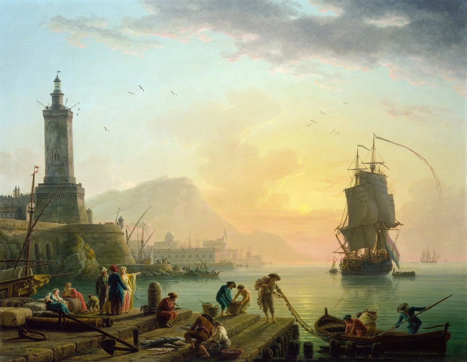 Hand painted landscape oil painting of sunset harbor with ships, figures, and textured brushwork on canvas. - Add Frame, Boat, Canvas, Figure, Hand Painted, Harbor, Landscape, Made To Order, Oil Painting, Seascape, Sunset