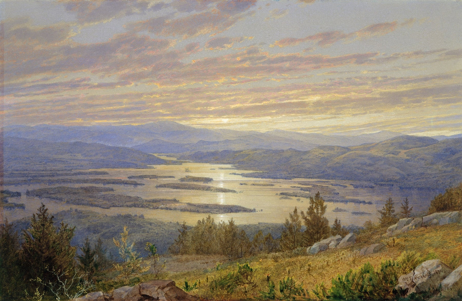 Landscape Oil Painting - Sunset - Hued Expansive Lake, Mountains & Foliage - Oil Painting Haven