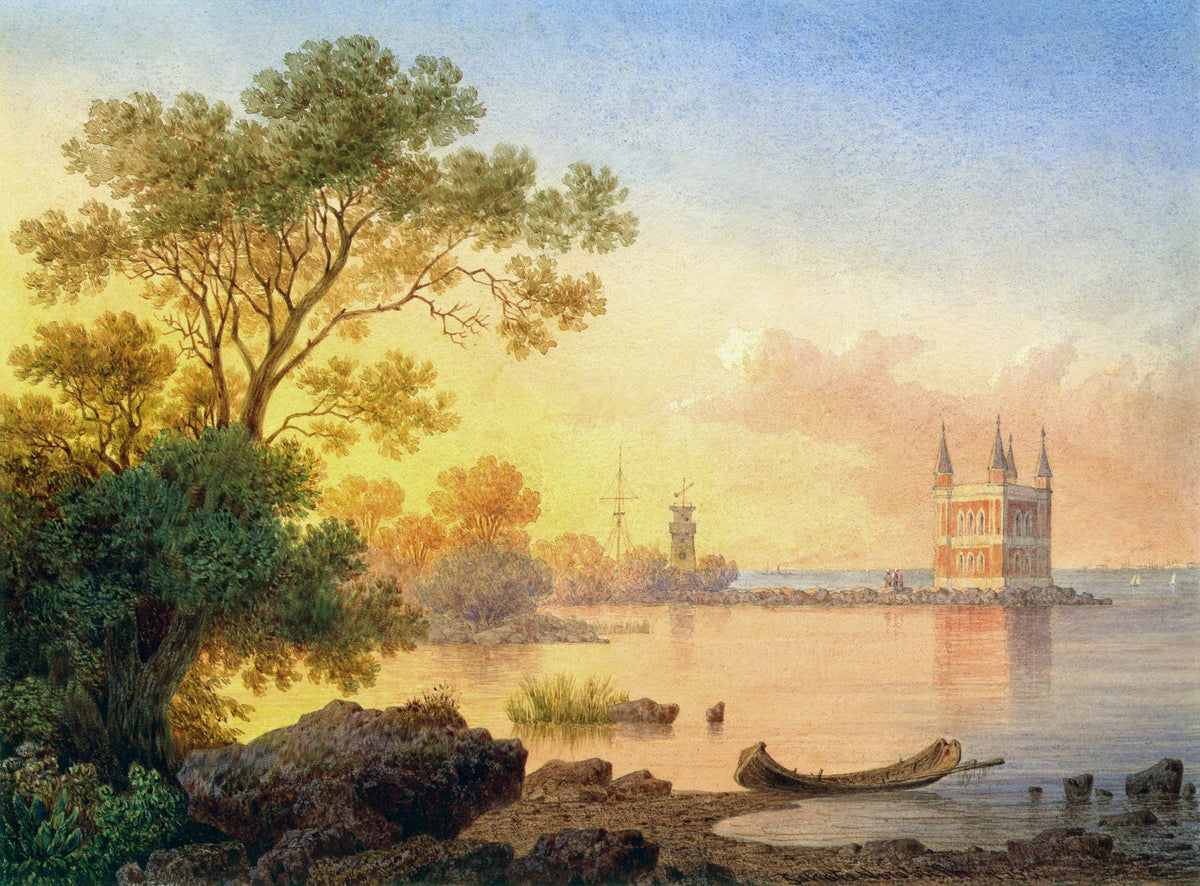 Landscape Oil Painting - Sunset Lake with Castle and Wooden Boat
