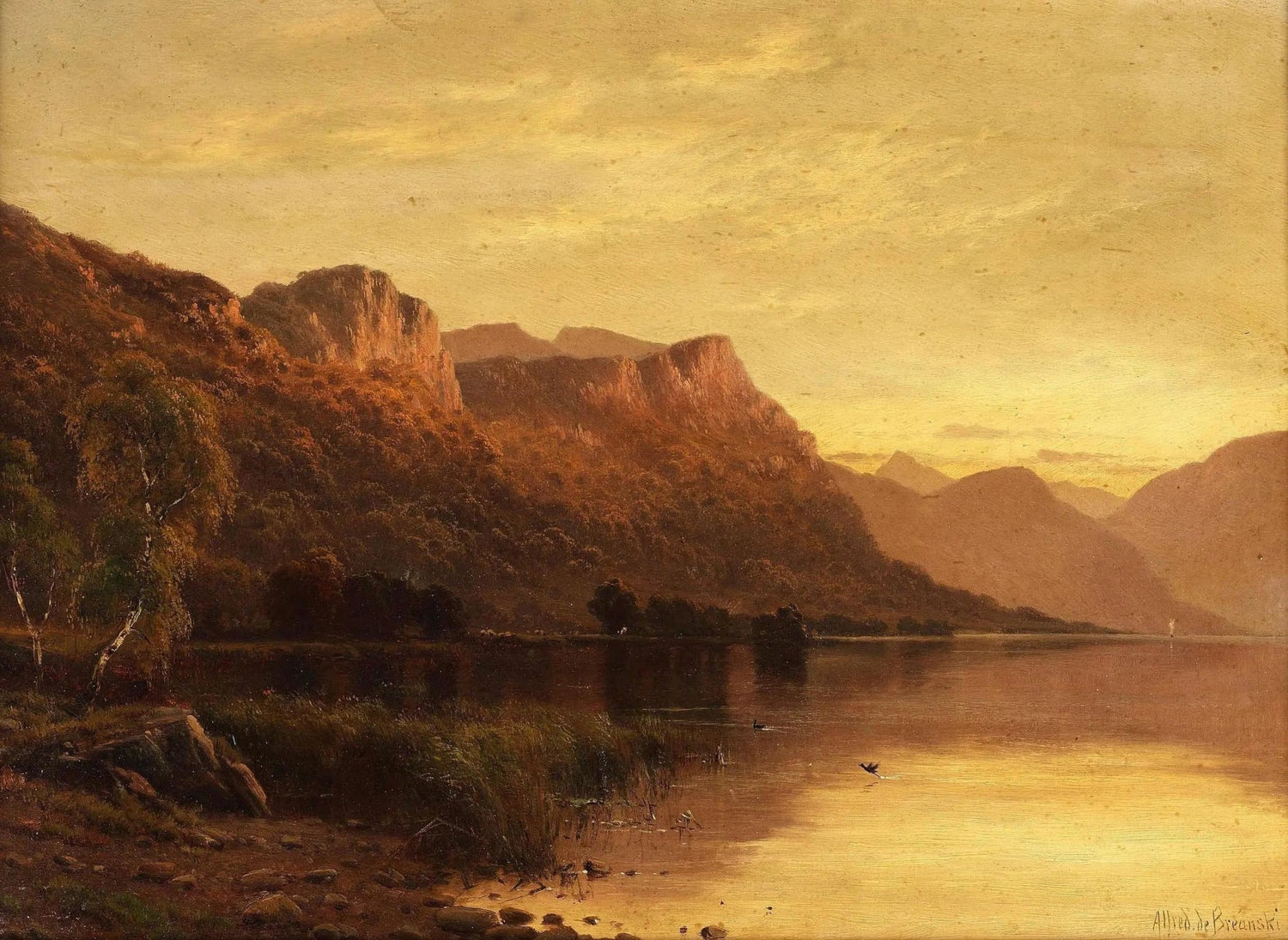 Landscape oil painting featuring a tranquil lake reflecting forested mountains at sunset, hand painted oil on canvas with. - Add Frame, Canvas, Forest, Hand Painted, Lake, Landscape, Made To Order, Mountain, Oil Painting, Sunset