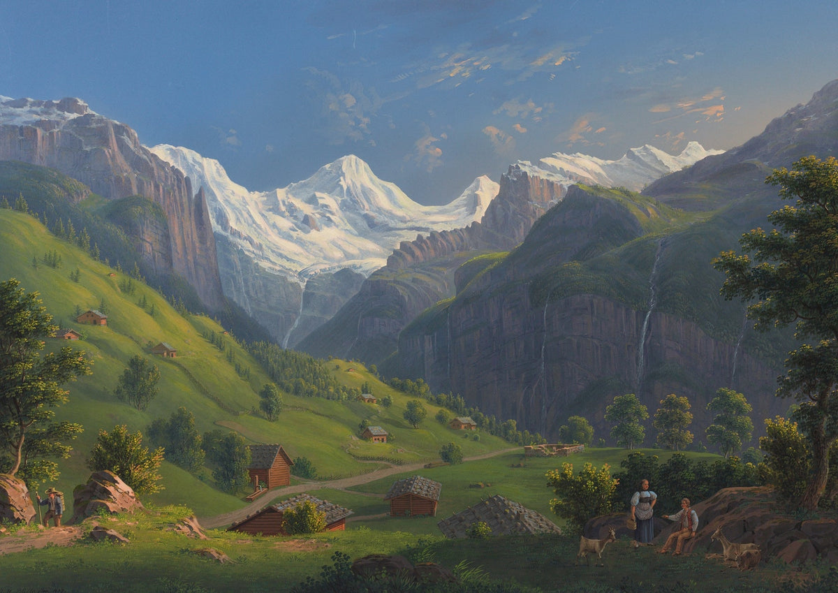 Hand-painted sunset lakeside town and valley view landscape oil painting on canvas