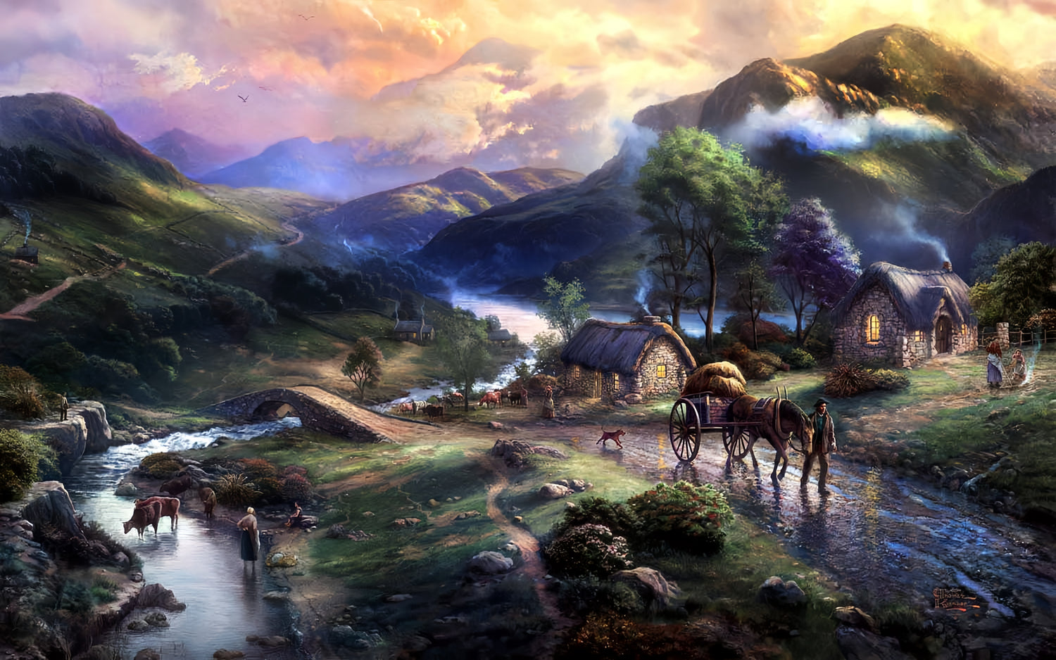 Landscape Oil Painting - Sunset Mountain Village With Hay Wagon - Oil Painting Haven