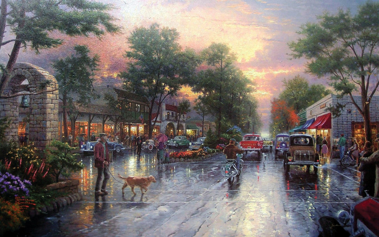 Landscape Oil Painting - Sunset Rainy Small Town With Vintage Cars - Oil Painting Haven