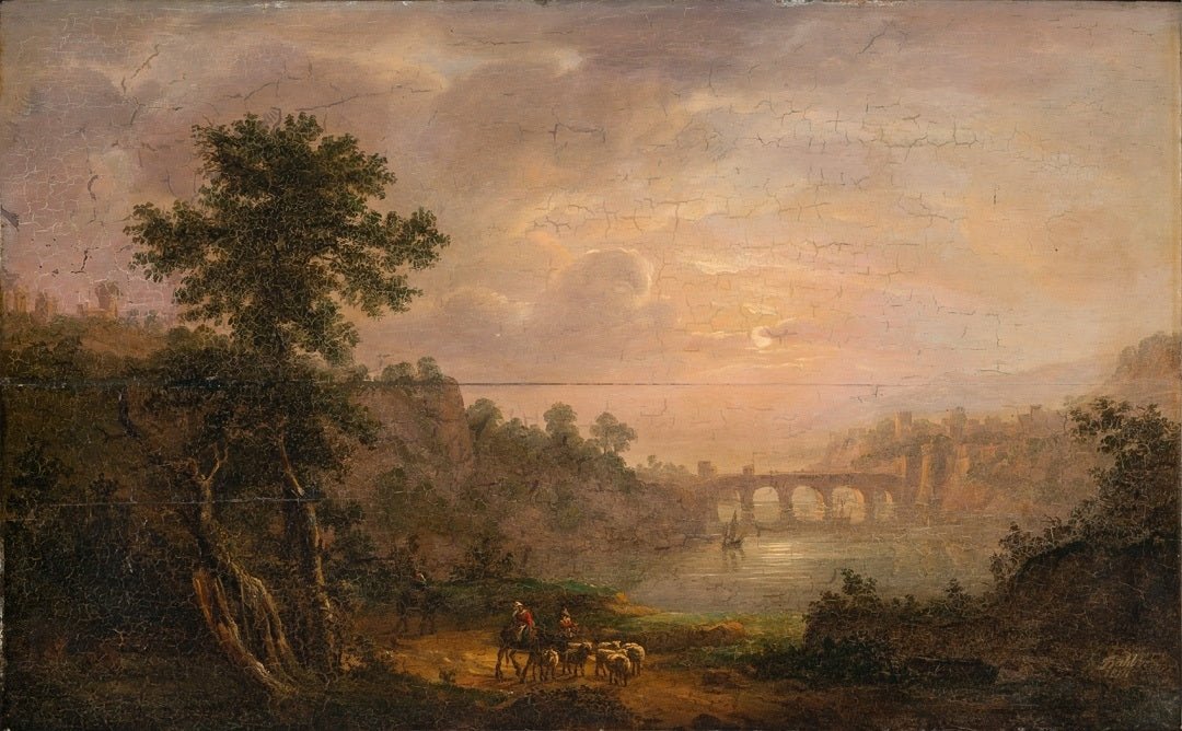 Hand-painted sunset river bridge and shepherds landscape oil painting on canvas