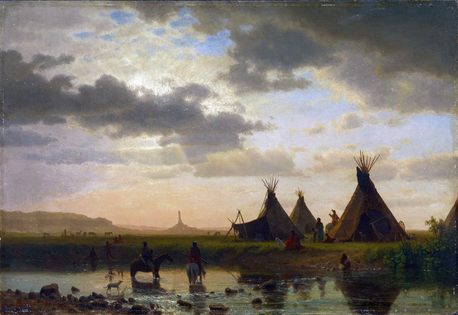 Landscape Oil Painting - Sunset River Camp with Tipis and Riders