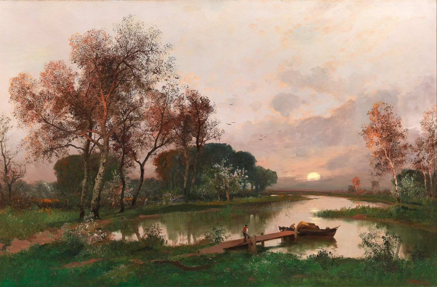 Hand-painted sunset river with boat and birches landscape oil painting on canvas