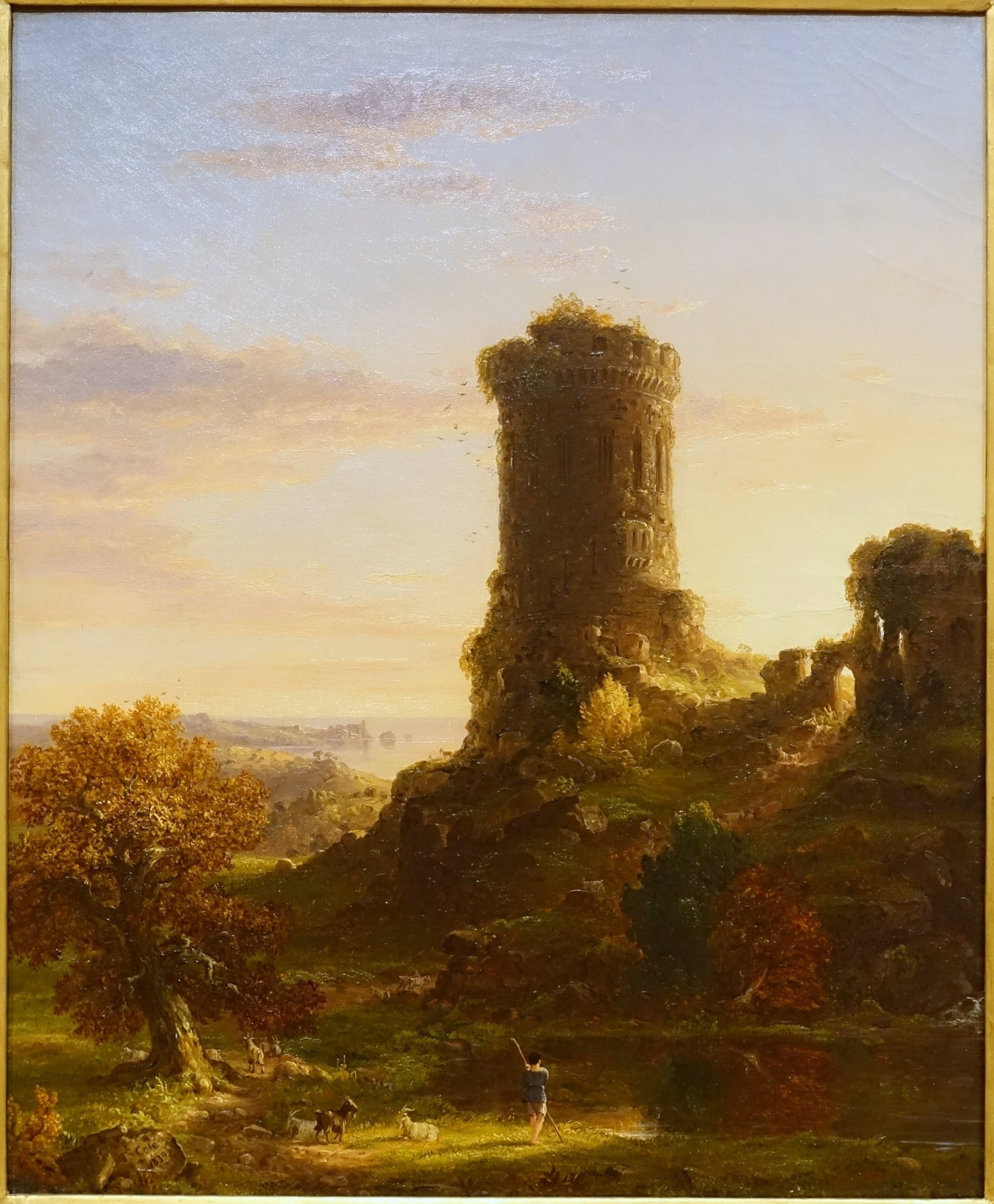 Hand-painted sunset ruins tower and lake landscape oil painting on canvas