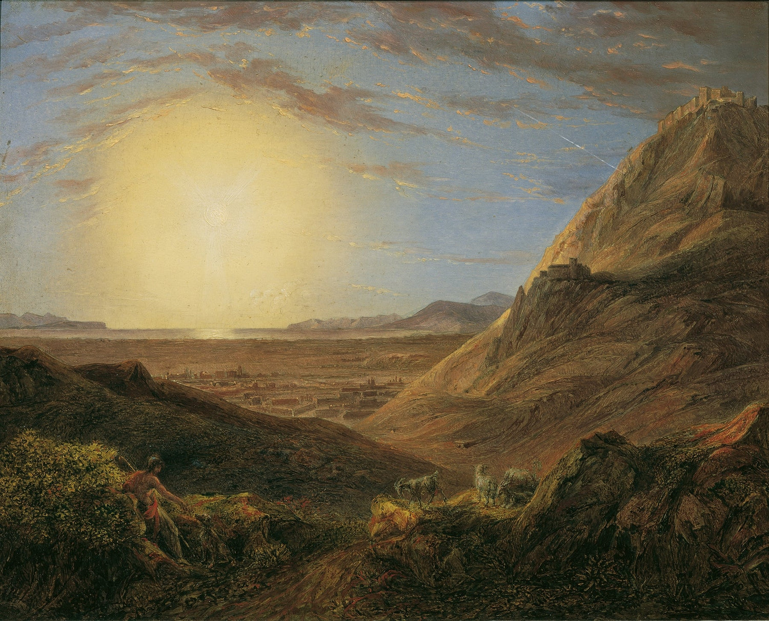 Hand-painted sunset valley, fortress and grazing sheep landscape oil painting on canvas