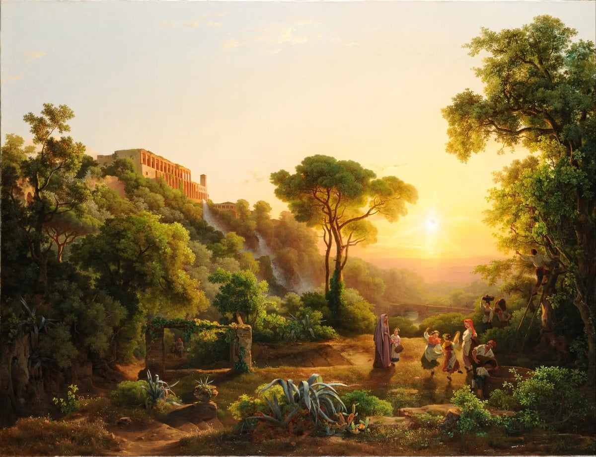 Landscape oil painting on canvas depicting a sunset valley with textured brushwork, featuring hand painted figures, ancient. - Add Frame, Architecture, Canvas, Figure, Forest, Hand Painted, Landscape, Made To Order, Mountain, Oil Painting, Sunset, Waterfall