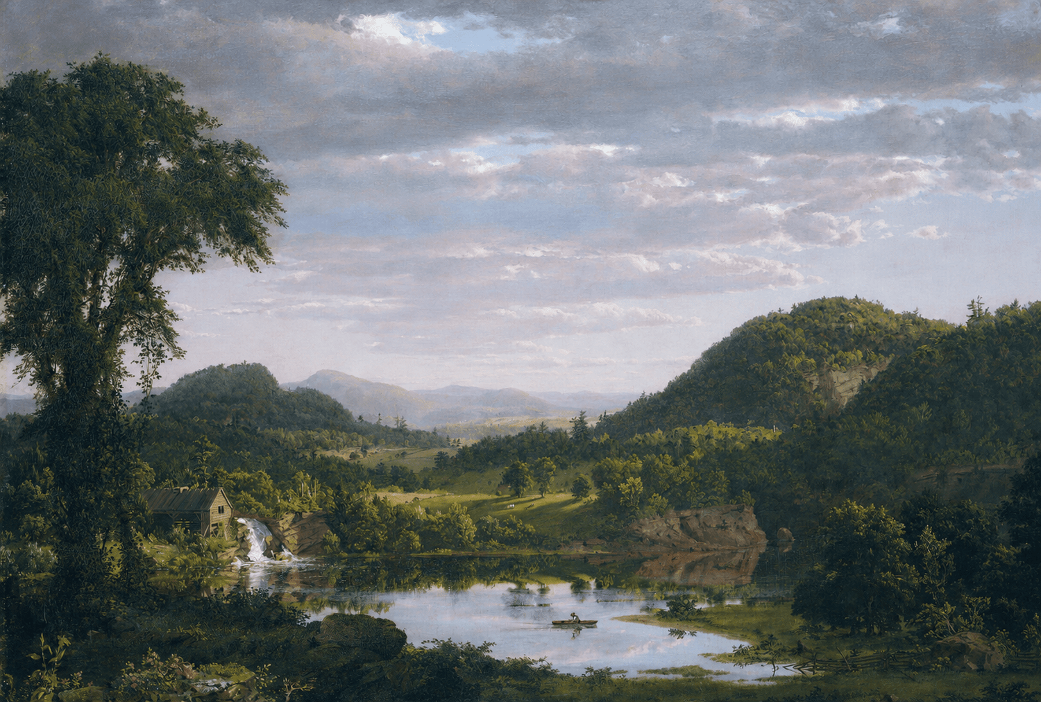 Hand-painted sunset valley with mill and lake landscape oil painting on canvas
