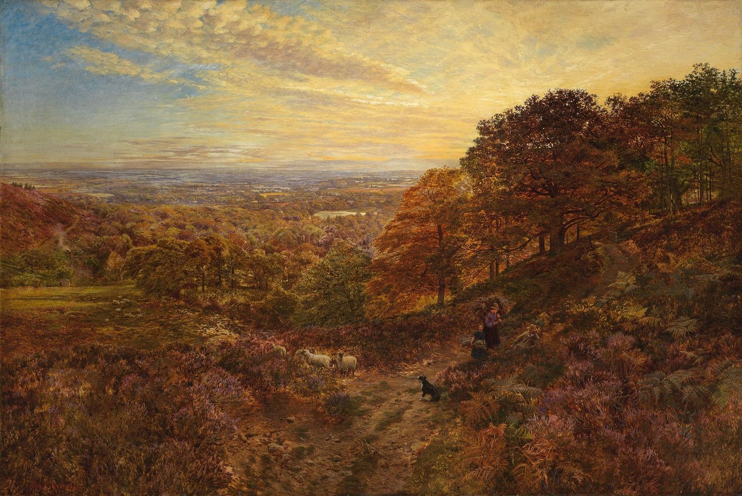 Hand-painted sunset valley with sheep and heather landscape oil painting on canvas