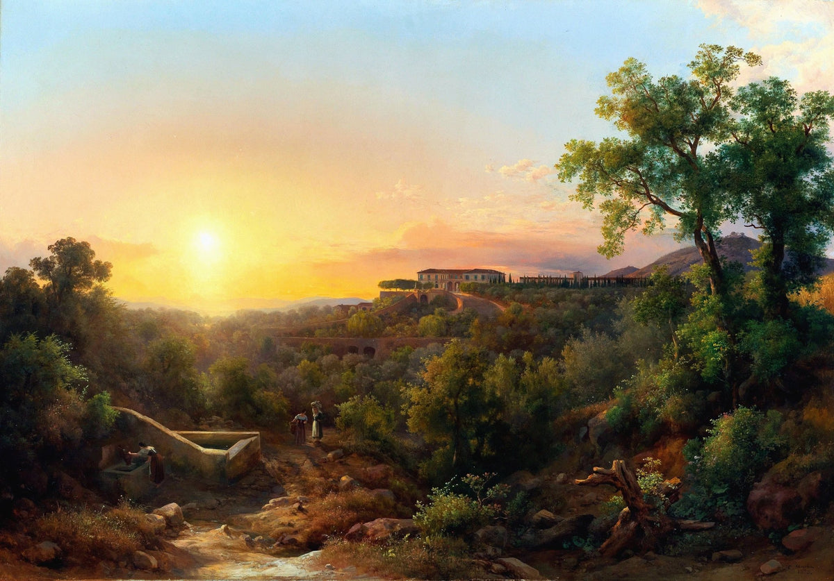 Hand-painted sunset valley with villa and cypress landscape oil painting on canvas