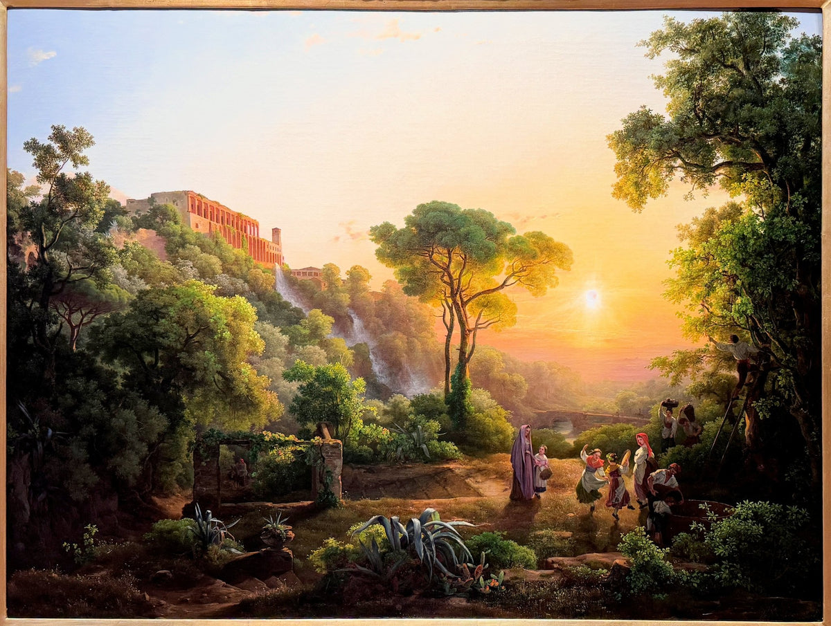 Hand-painted sunset villa garden with figures landscape oil painting on canvas