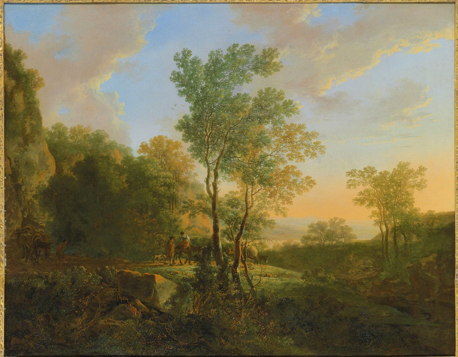 Hand-painted sunset woodland valley with figures landscape oil painting on canvas