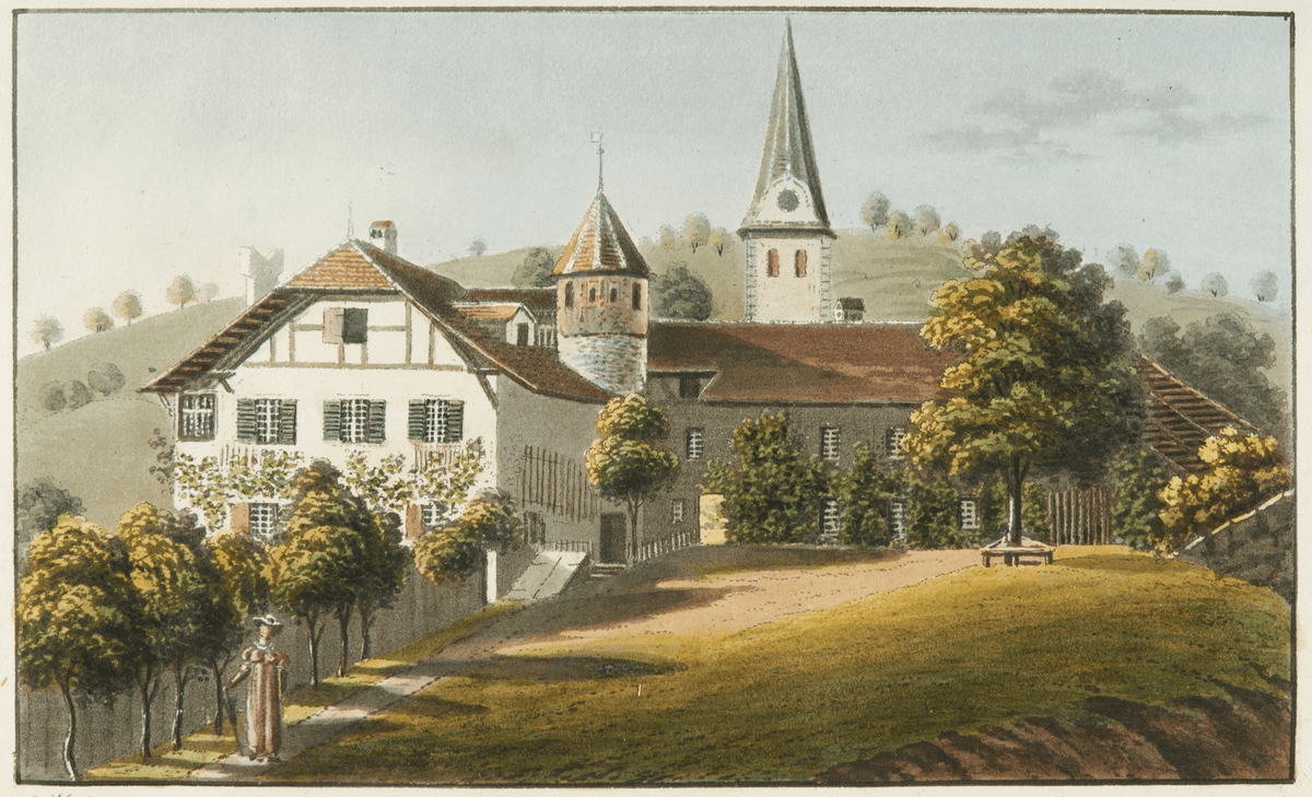 Hand-painted swiss village church and garden courtyard landscape oil painting on canvas