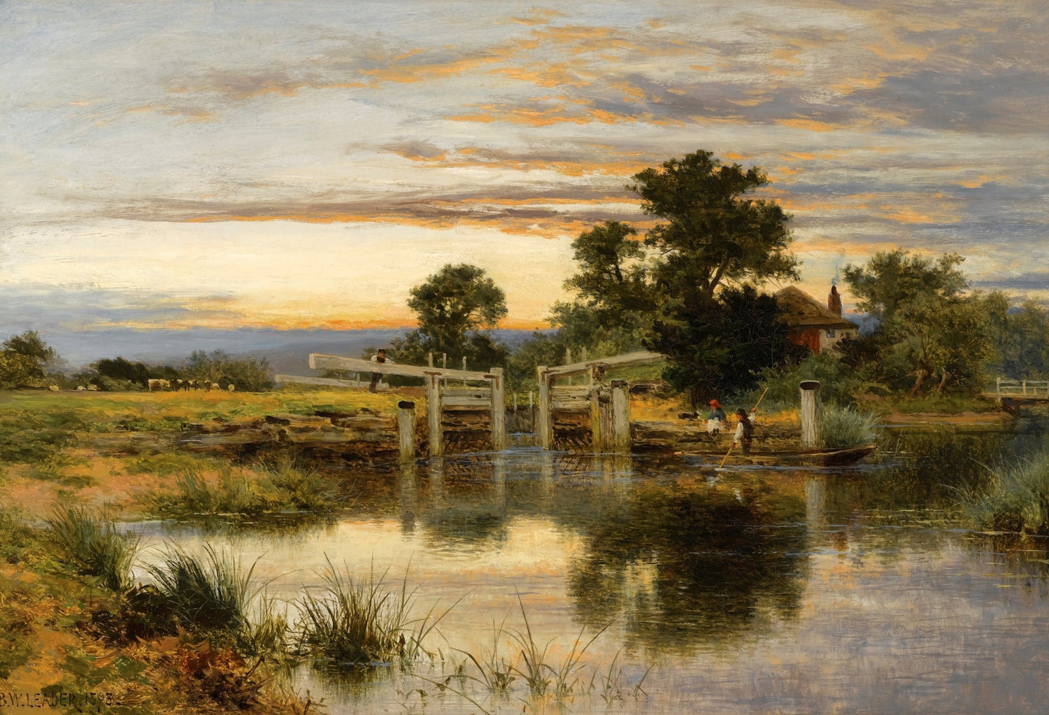 Hand-painted thames lock at sunset with boat landscape oil painting on canvas