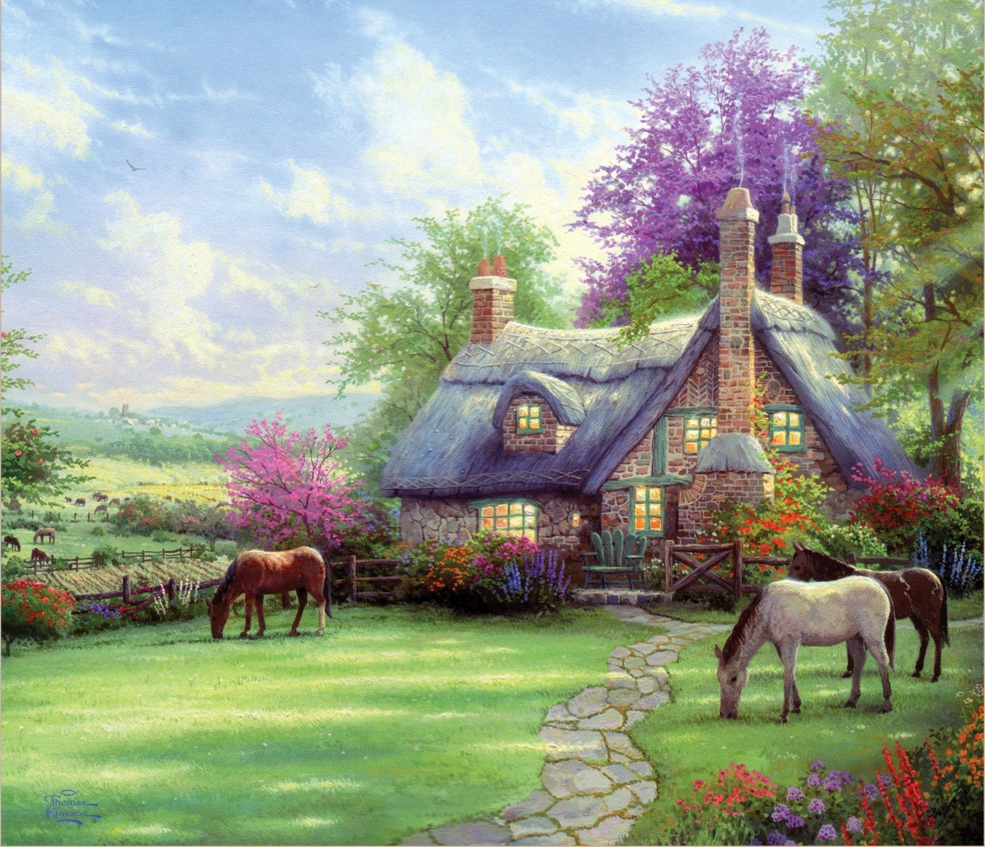 Landscape Oil Painting - Thatched Stone Cottage in Pastoral Scene – Oil ...