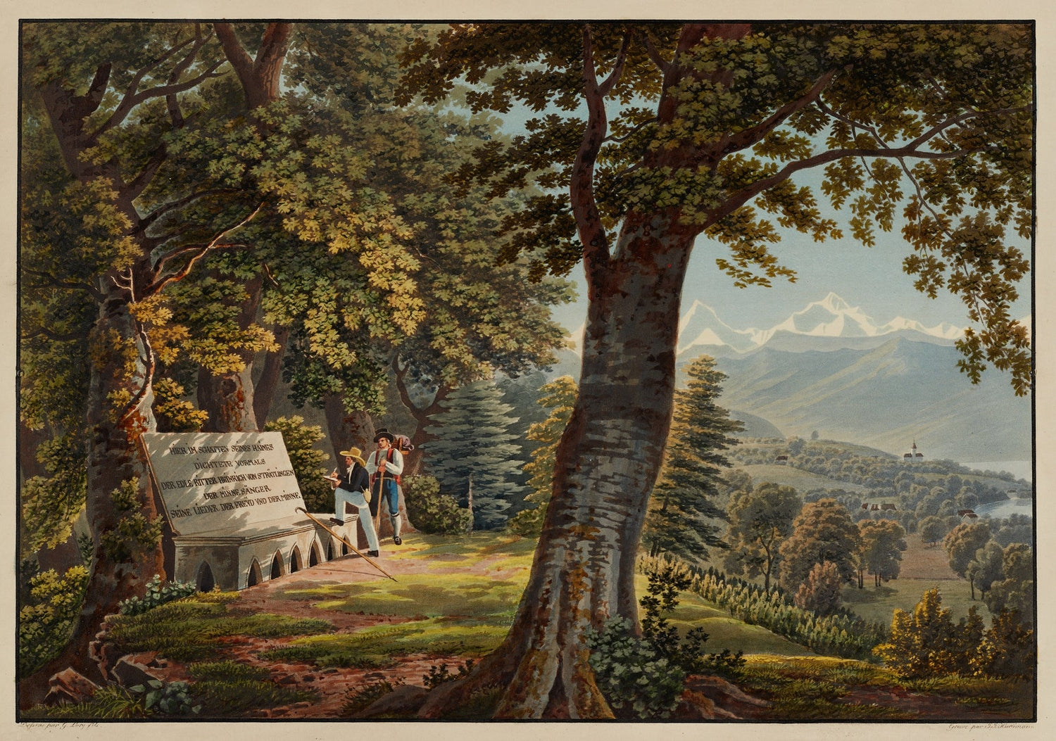 Hand-painted thun woodland with alpine lake view landscape oil painting on canvas