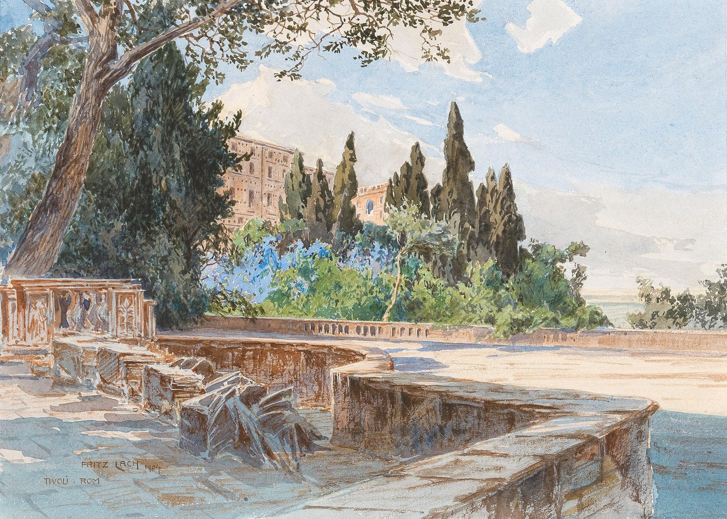 Hand-painted tivoli terrace with cypress garden view landscape oil painting on canvas