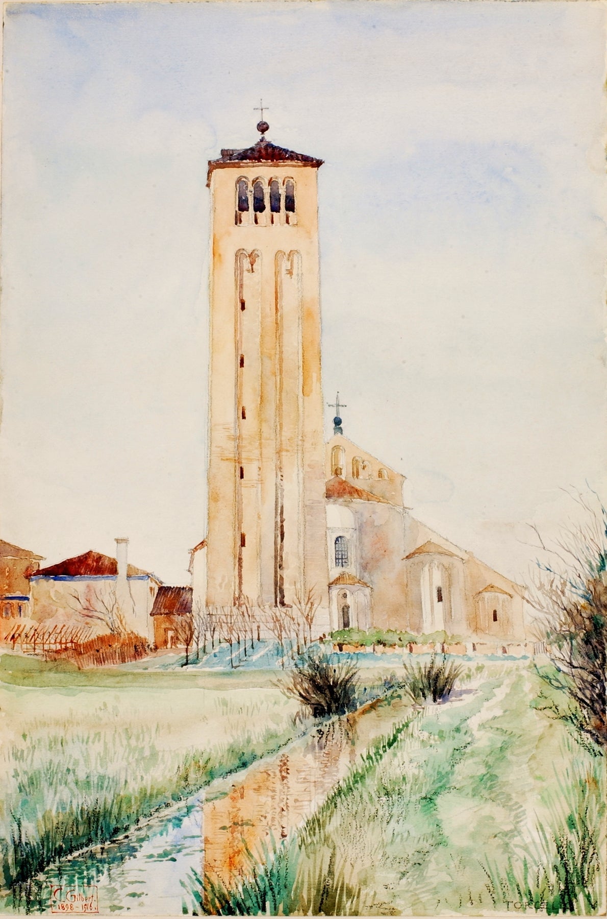 Hand-painted torcello cathedral tower and garden path landscape oil painting on canvas
