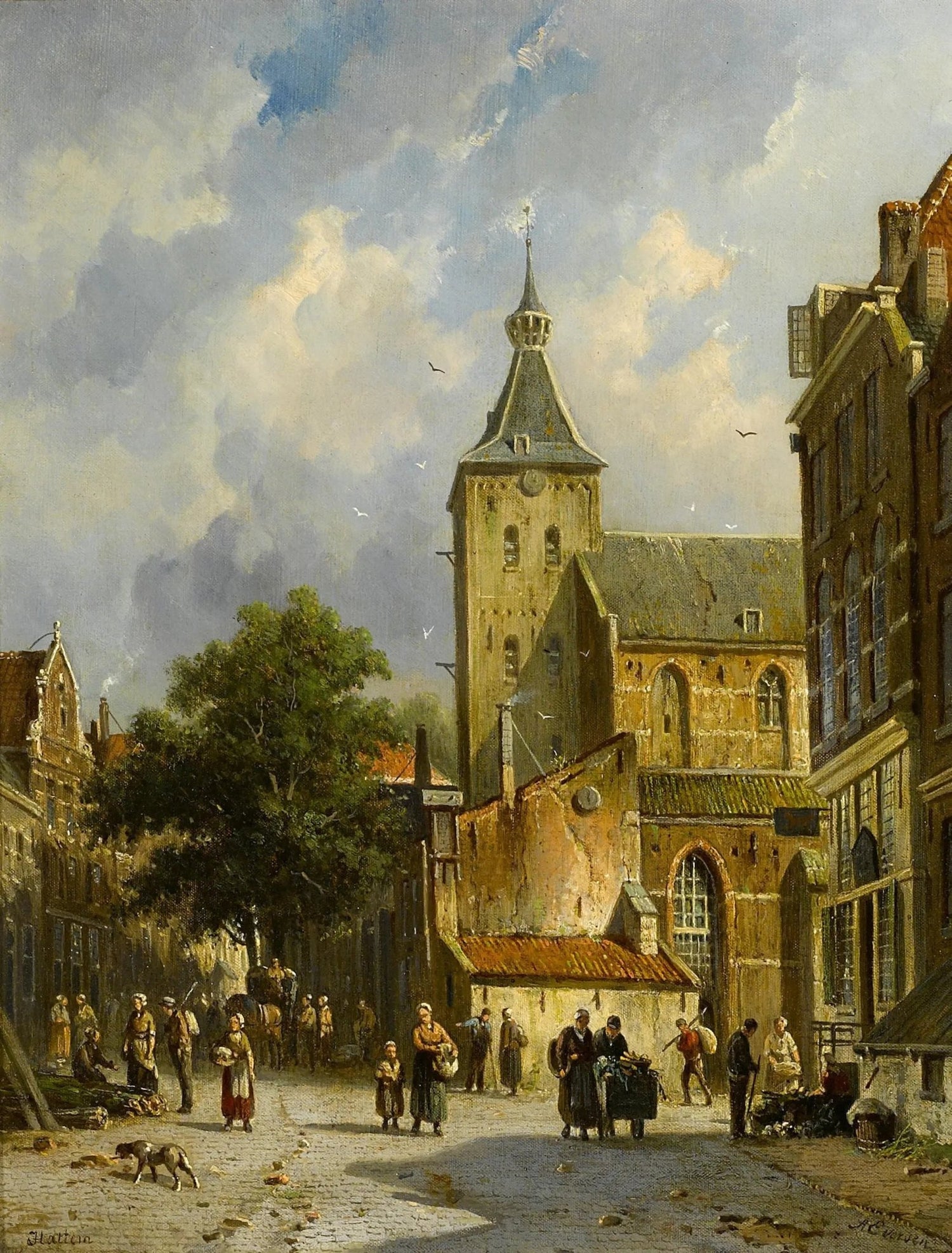 Landscape oil painting of a village town square with tall stone church, figures walking, and textured brushwork on canvas. - Add Frame, Animal, Architecture, Canvas, Church, Figure, Hand Painted, Landscape, Made To Order, Oil Painting, Village