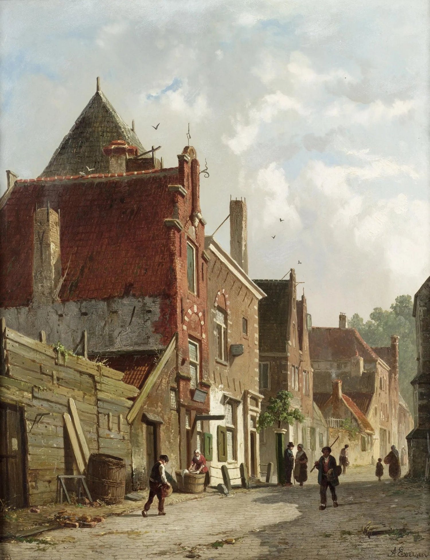 Hand painted oil on canvas landscape oil painting with textured brushwork, depicting a village street with historic brick. - Add Frame, Architecture, Canvas, Figure, Hand Painted, Landscape, Made To Order, Oil Painting, Village