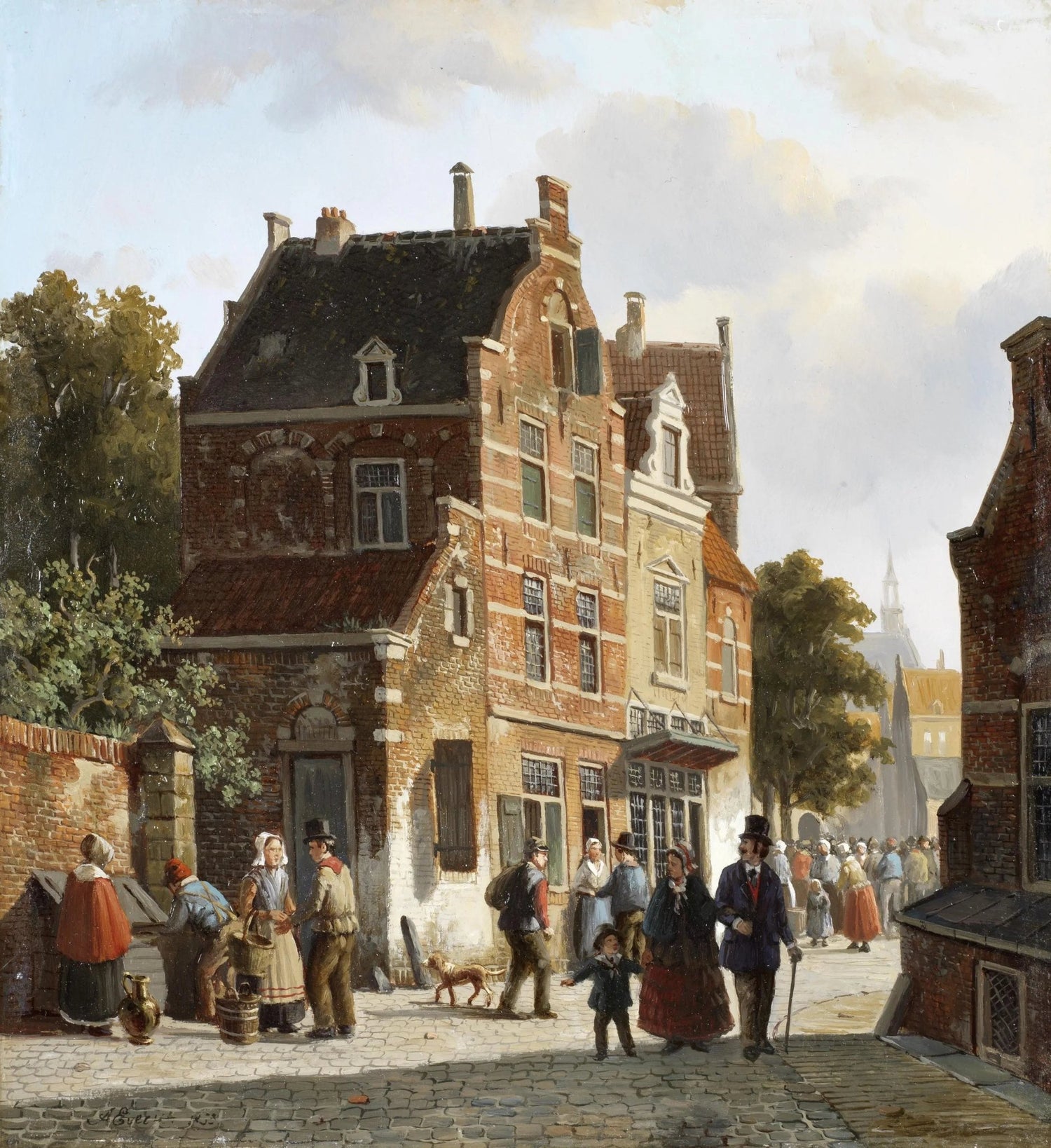Hand painted landscape oil painting on canvas featuring textured brushwork of a historic village street with figures and. - Add Frame, Animal, Architecture, Canvas, Figure, Hand Painted, Landscape, Made To Order, Oil Painting, Village