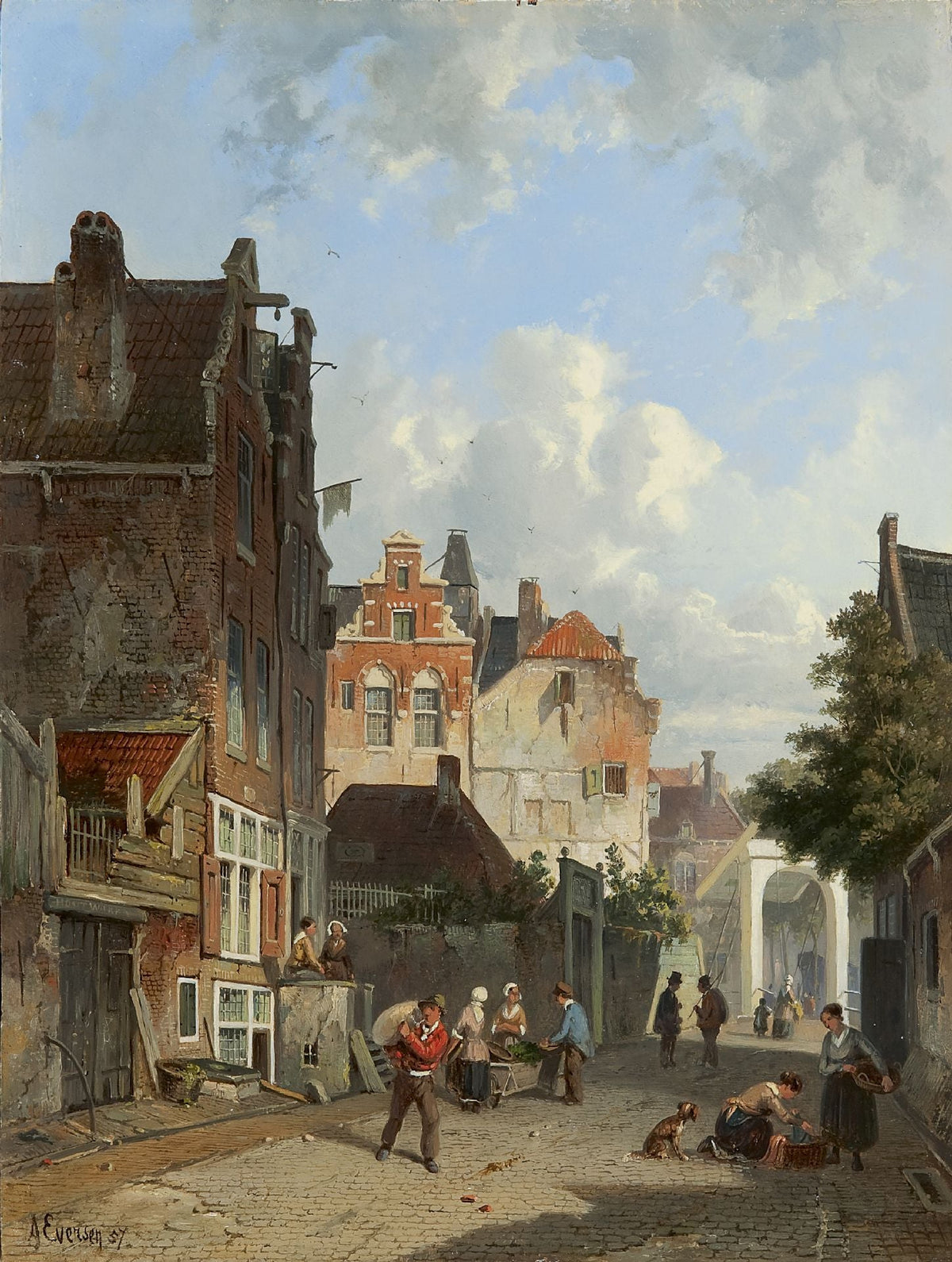 Landscape oil painting of a village street with old brick buildings, figures walking, and textured brushwork on canvas. - Add Frame, Animal, Architecture, Canvas, Figure, Hand Painted, Landscape, Made To Order, Oil Painting, Village
