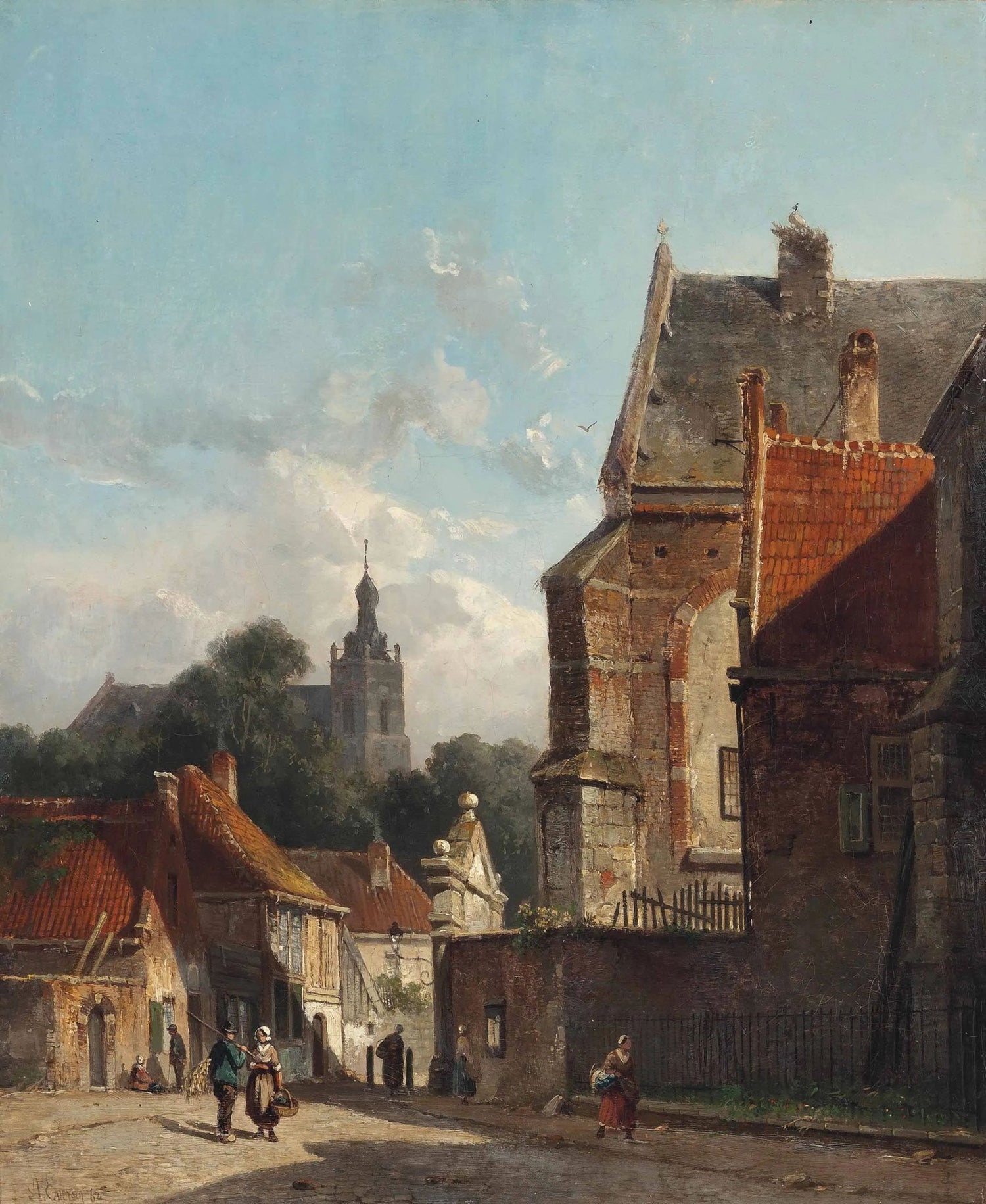 Hand painted landscape oil painting on canvas featuring a village street with old buildings and a distant tower, textured. - Add Frame, Architecture, Canvas, Figure, Hand Painted, Landscape, Made To Order, Oil Painting, Village