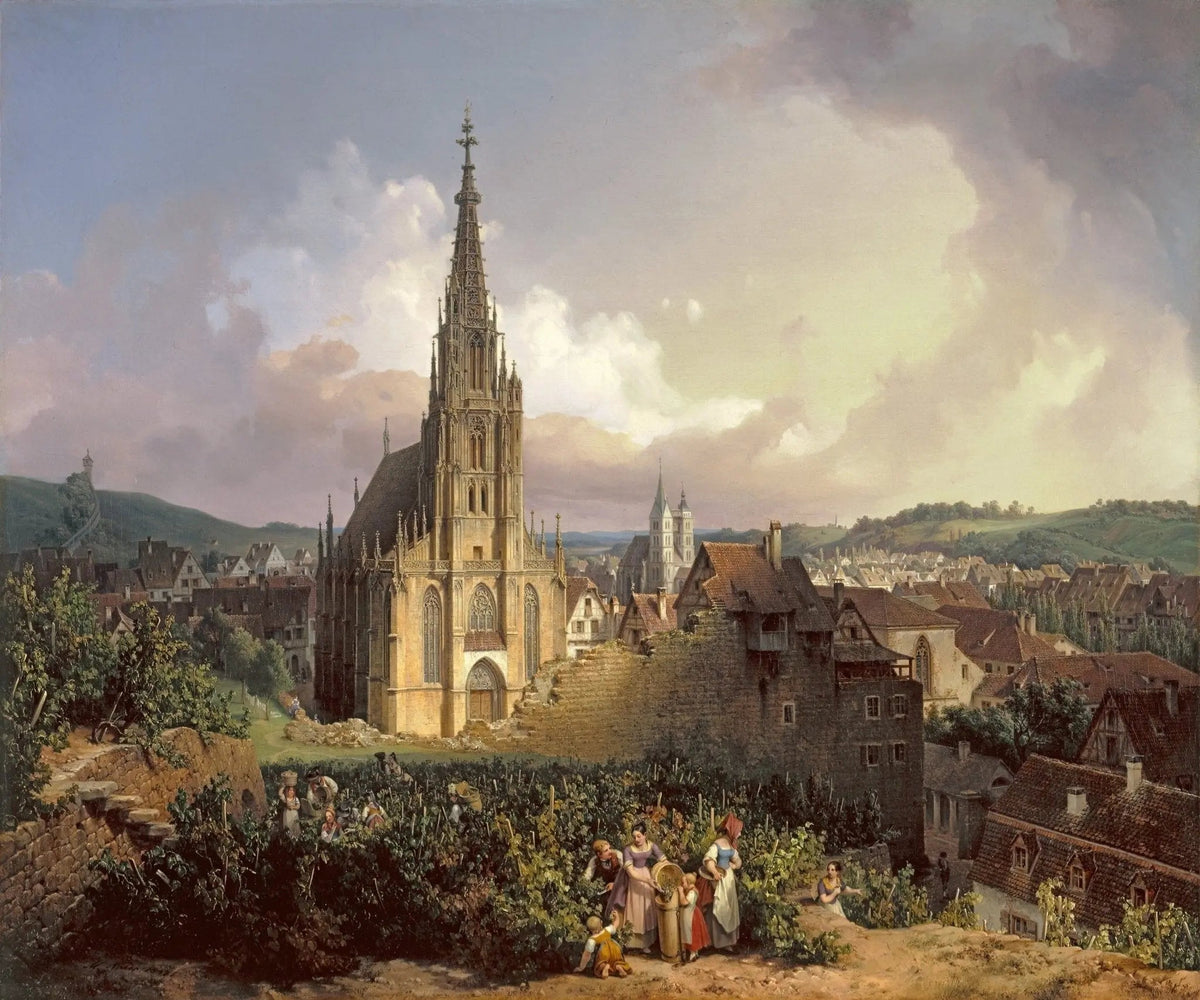 Landscape oil painting of a Gothic church towering over a village with villagers in the foreground, textured brushwork on. - Add Frame, Architecture, Canvas, Church, Country, Hand Painted, Landscape, Made To Order, Mountain, Oil Painting, Village