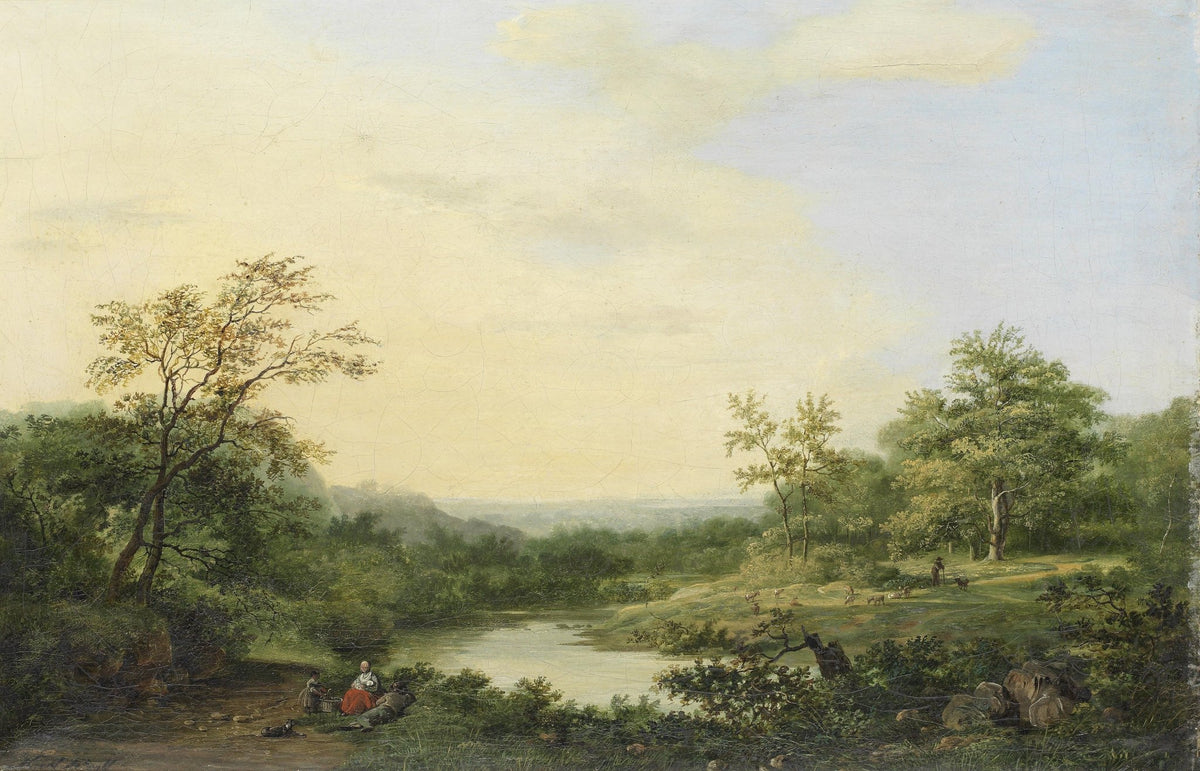 Hand-painted tranquil lake and woodland meadow landscape oil painting on canvas