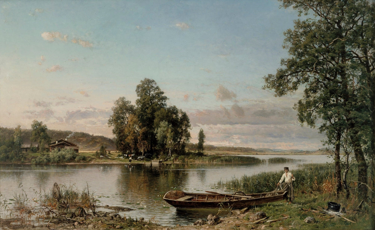 Hand-painted tranquil lakeshore with rowboat scene landscape oil painting on canvas