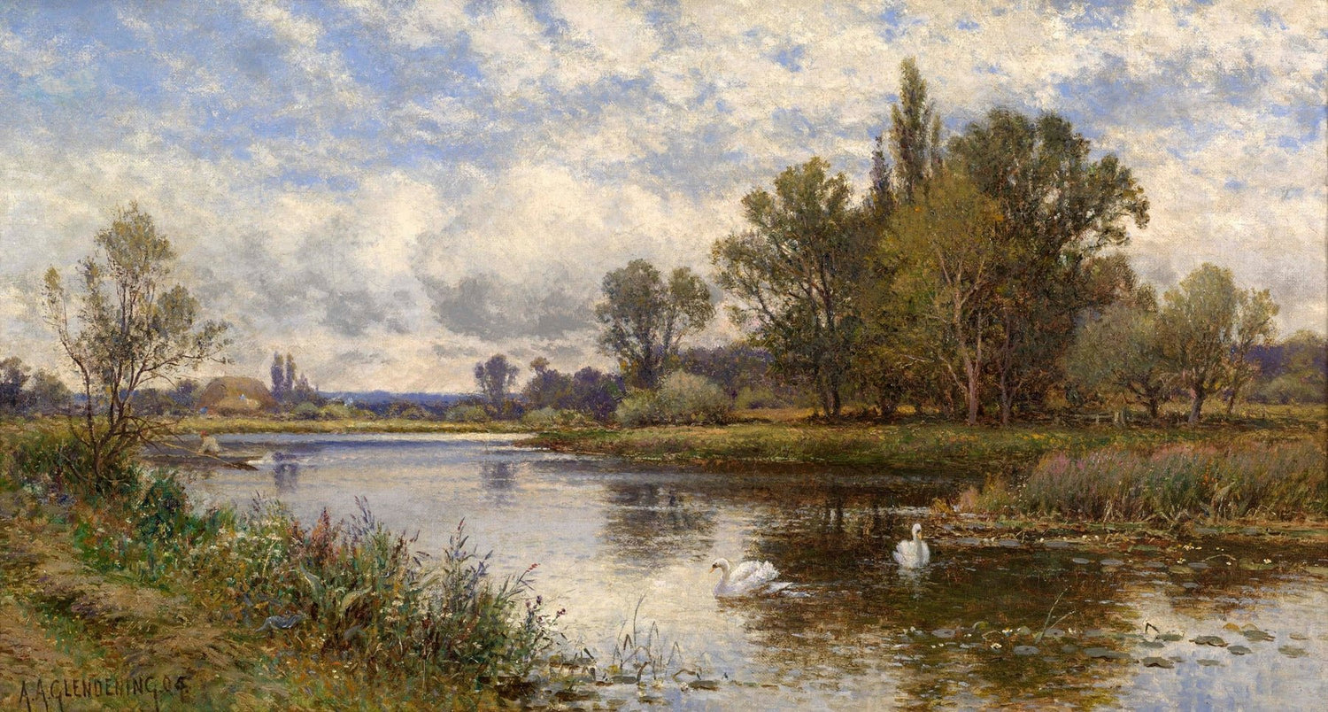 Hand-painted tranquil river with swans at dusk landscape oil painting on canvas