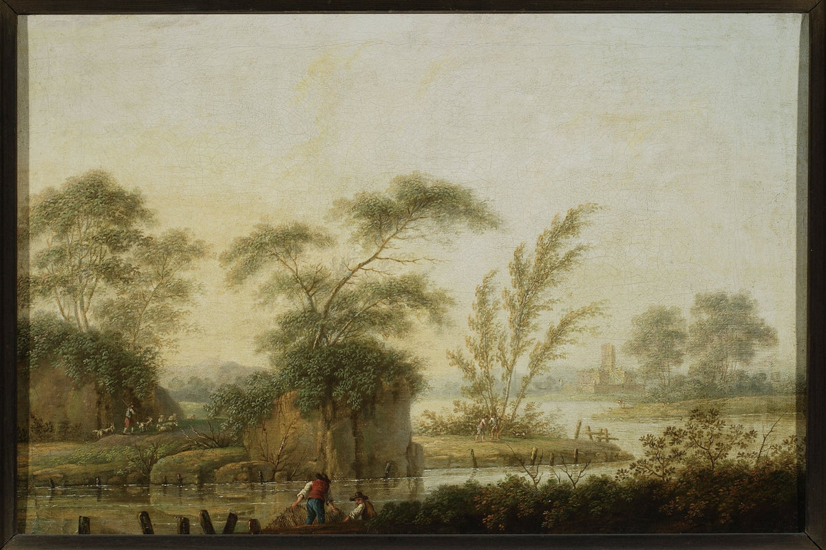 Hand-painted tranquil riverbank with trees and ruins landscape oil painting on canvas