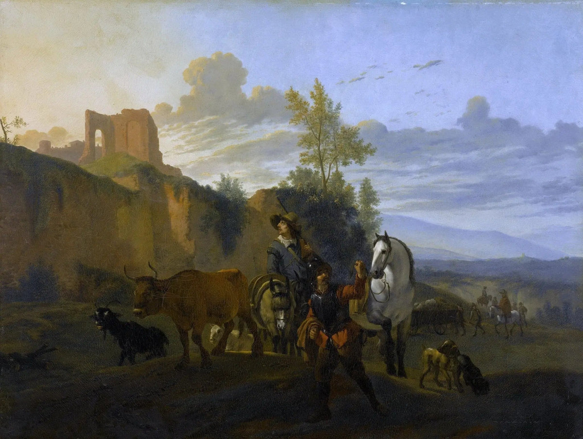 Hand painted landscape oil painting on canvas depicting figures with cows and ruins under a dusk sky, textured brushwork. - Add Frame, Animal, Architecture, Canvas, Figure, Hand Painted, Landscape, Made To Order, Oil Painting