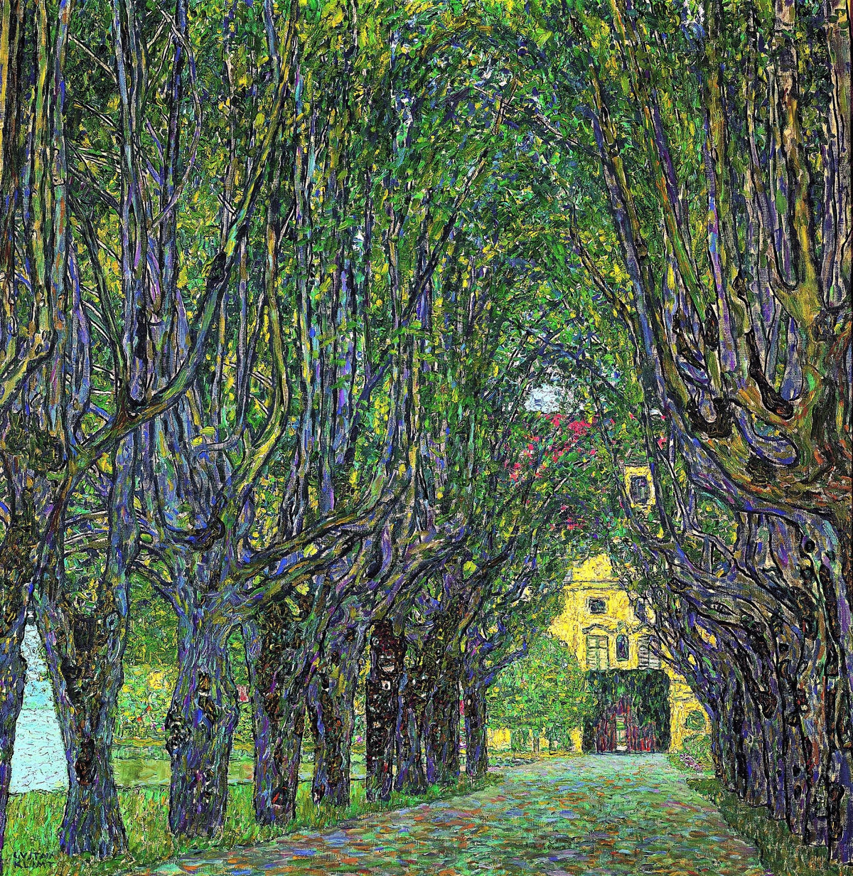 Hand-painted tree-lined avenue to castle park villa landscape oil painting on canvas