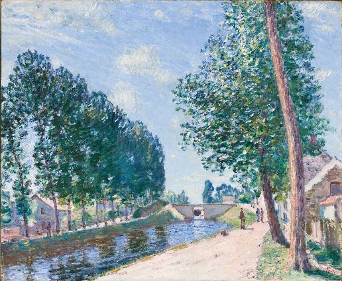 Hand-painted tree-lined canal and riverside path scene landscape oil painting on canvas