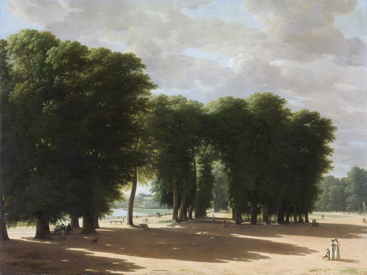 Hand painted landscape oil painting on canvas featuring a tree-lined park with textured brushwork and small human figures. - Add Frame, Canvas, Figure, Forest, Garden, Hand Painted, Landscape, Made To Order, Oil Painting