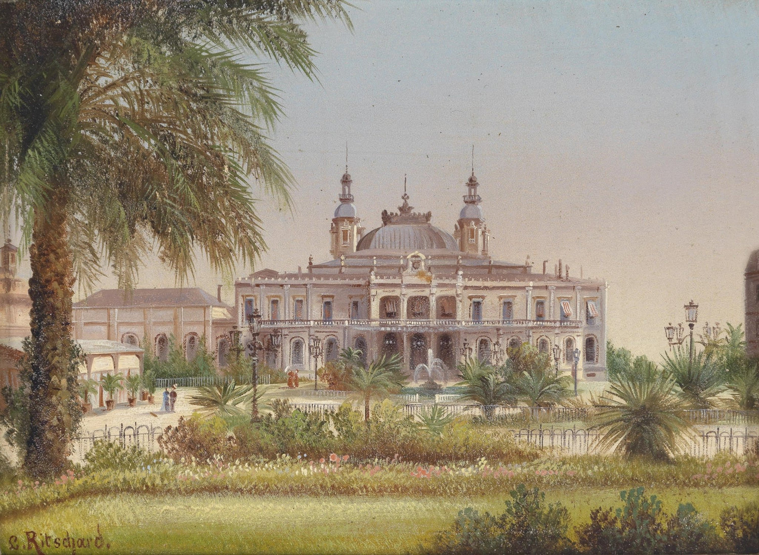 Landscape Oil Painting - Tropical Building, Structure, Palms & Garden - Oil Painting Haven