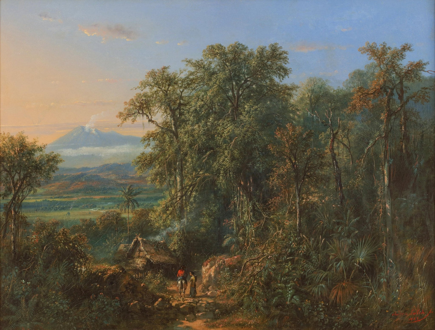 Hand-painted tropical forest with distant volcano landscape oil painting on canvas