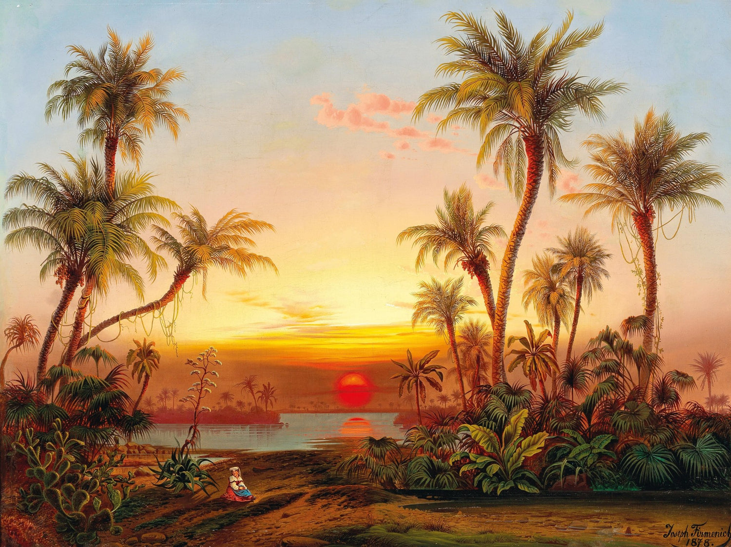 Hand-painted tropical palm sunset over exotic river landscape oil painting on canvas