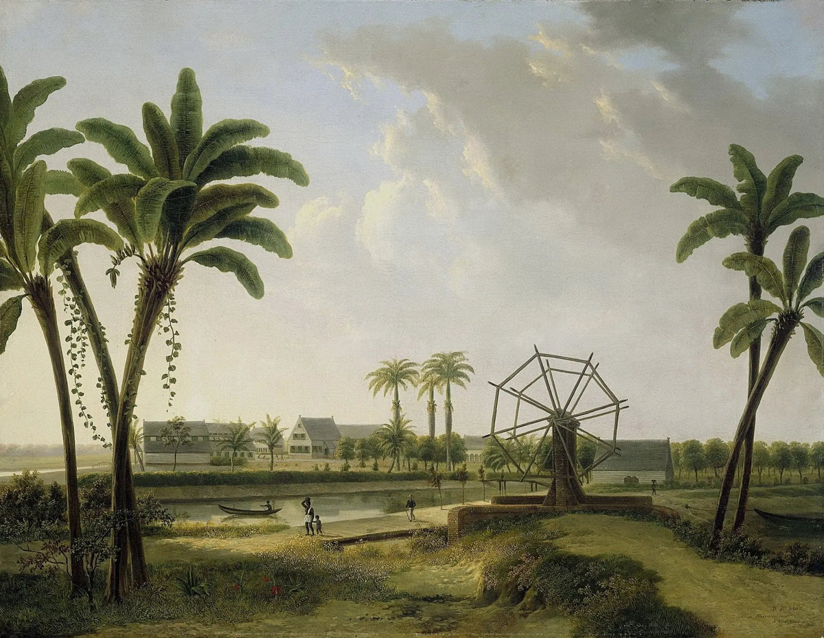 Landscape oil painting of a tropical riverside with a wooden waterwheel and figures, textured brushwork on oil on canvas,. - Add Frame, Canvas, Figure, Hand Painted, Landscape, Made To Order, Oil Painting, River