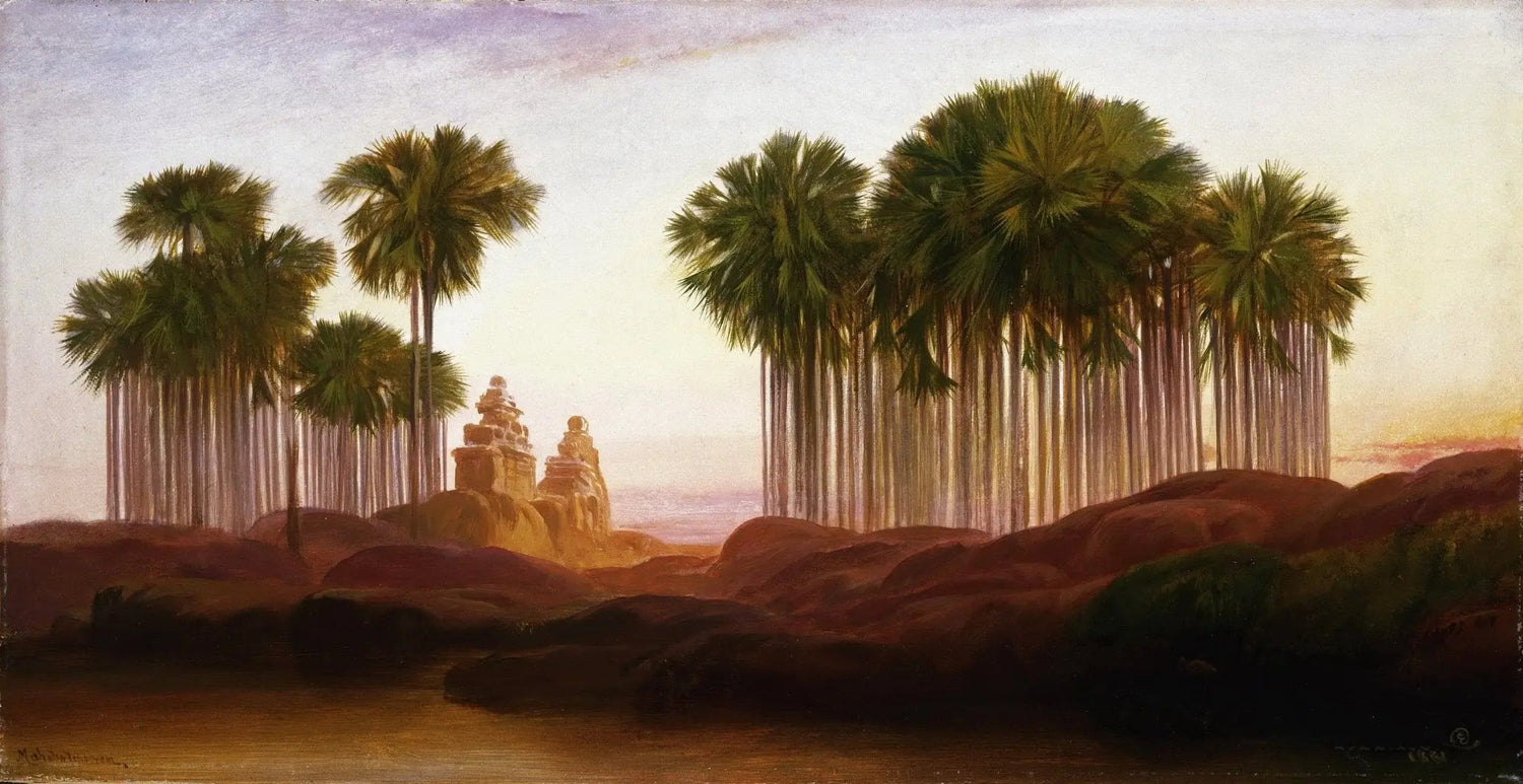 Landscape oil painting of tropical palm trees and ancient ruins with textured brushwork on canvas. - Add Frame, Architecture, Canvas, Forest, Hand Painted, Landscape, Made To Order, Oil Painting