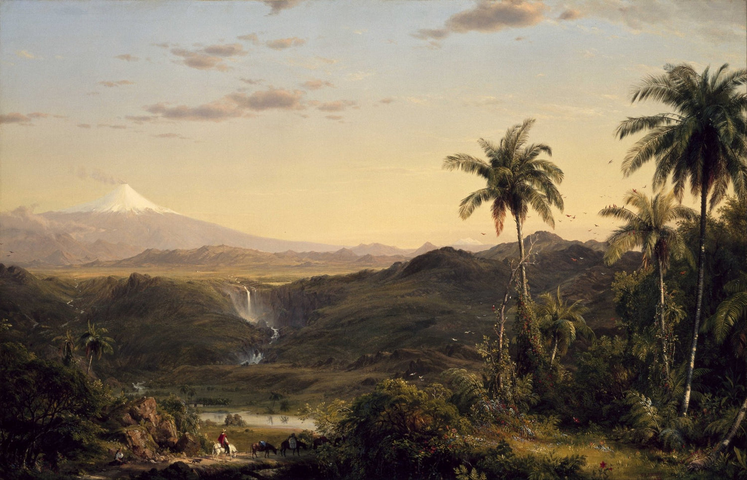 Landscape Oil Painting - Tropical valley dusk & snow - capped volcano - Oil Painting Haven