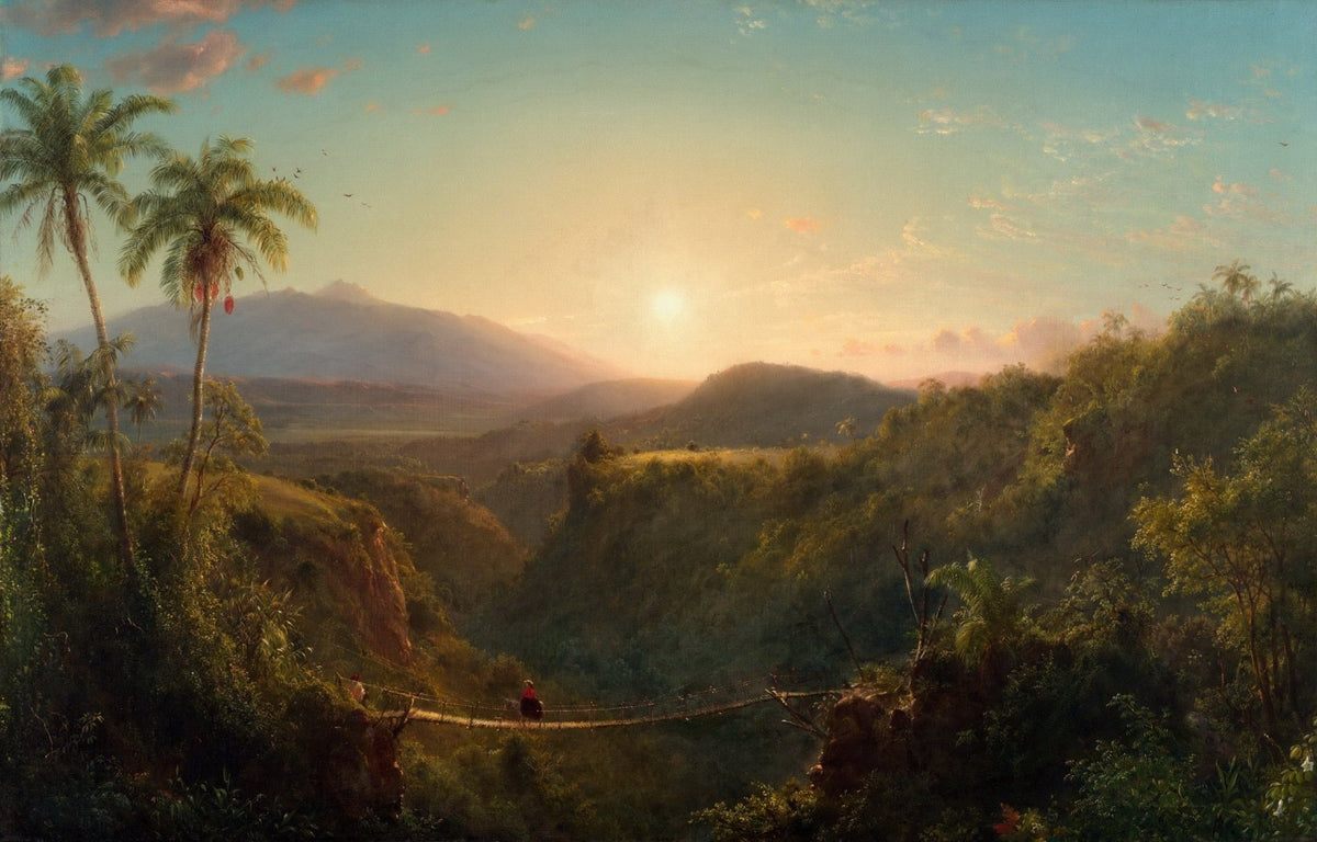 Hand painted landscape oil painting on canvas showing tropical valley at sunset with a bridge, palm trees, and textured. - Add Frame, Architecture, Canvas, Hand Painted, Landscape, Made To Order, Mountain, Oil Painting, Sunset