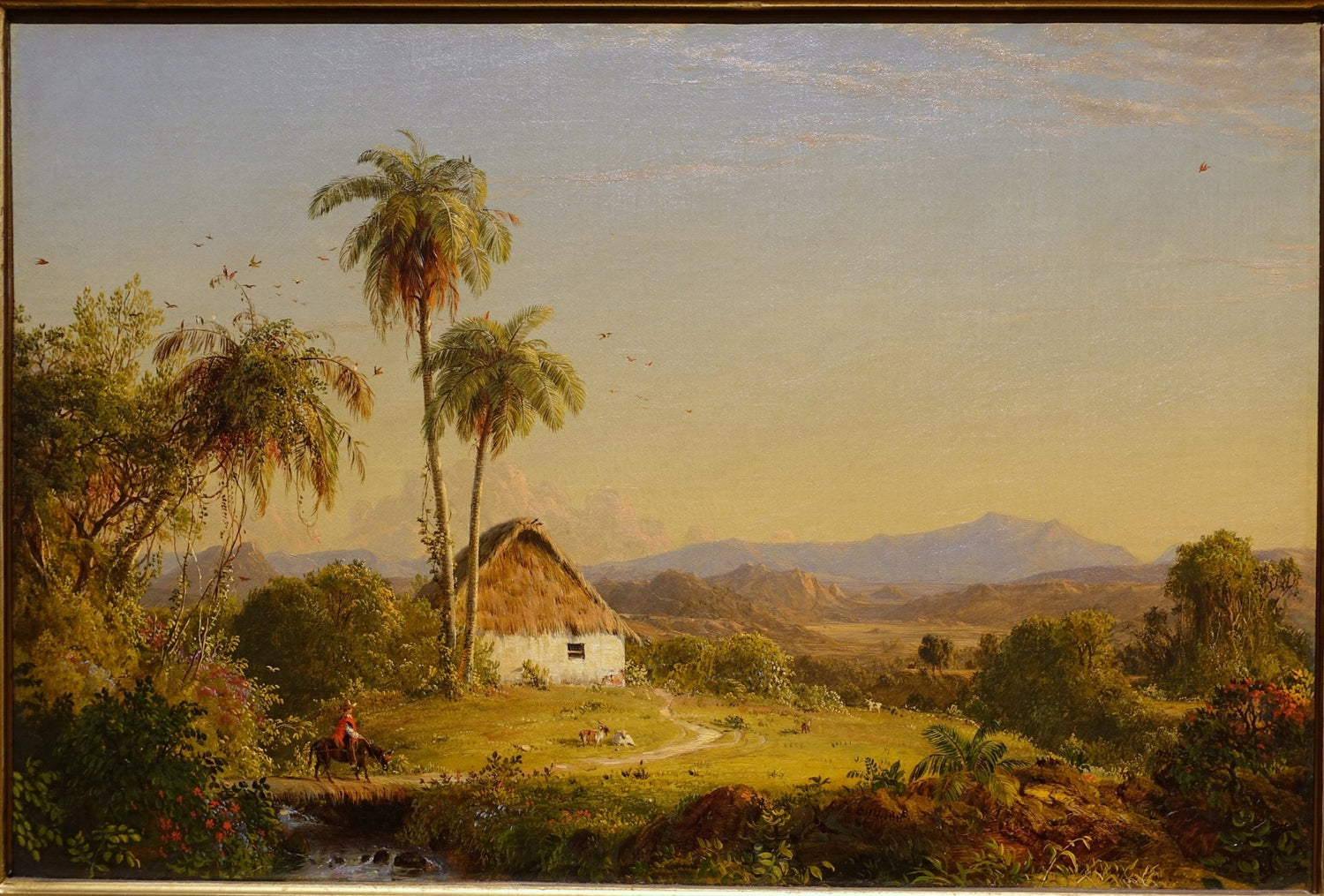 Hand-painted tropical valley with palm cottage landscape oil painting on canvas